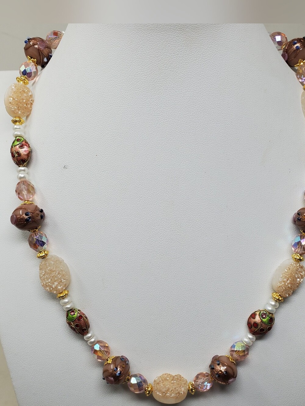 PINK & GREEN CLOISONNE DRUZY LADYBUG NECKLACE - Picture 4 of 8